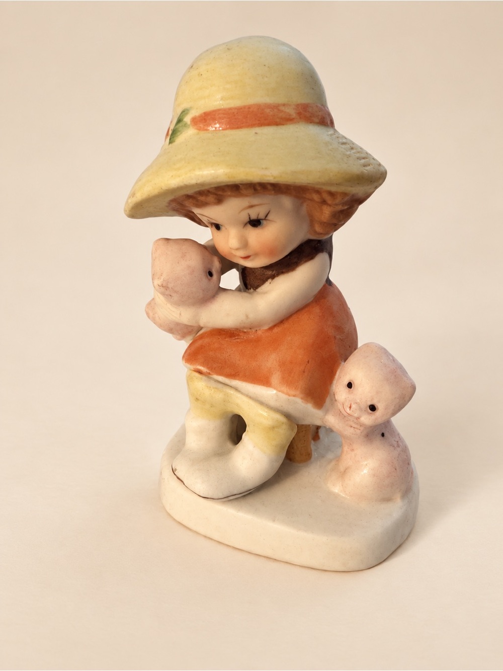 Ceramic Little Girl with Pets Figurine - Cream, Orange, Pink